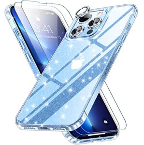 spidercase [3 in 1 designed for iphone 13 pro max case, [crystal clear not yellowing][with 2 pcs tempered glass screen protectors & 1 set camera lens protectors] slim thin case (glitter clear)