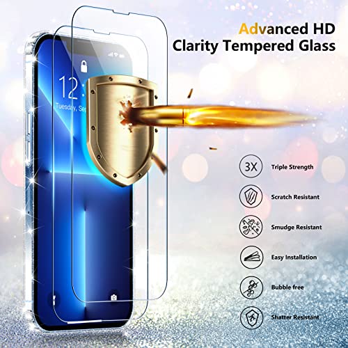 SPIDERCASE [3 in 1 Designed for iPhone 13 Pro Max Case, [Crystal Clear Not Yellowing][with 2 Pcs Tempered Glass Screen Protectors & 1 Set Camera Lens Protectors] Slim Thin Case (Glitter Clear)