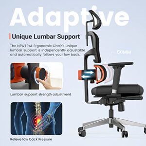 Newtral First Ergonomic Chair Adaptive Lower Back Support for Office, Reduces Lumbar 50% Pressure, auto Chasing Mechanism, Adjustable Headrest&Footrest, 4D Mesh, Black