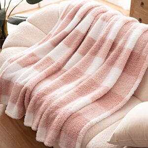 bertte fluffy sherpa throw blanket ultra soft warm lightweight plaid shaggy blanket for couch sofa travel, premium reversible decorative faux fur blanket for all seasons, 50"x 60", checker pink