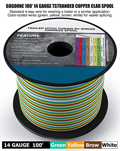 GOGOONE 14 Gauge 100FT 4-Way Trailer Towing Wiring Harness Bonded Wire Spool, 4-Wire Replacement Trailer Wire, Ideal for All Basic Wiring Needs Boat Marine Vehicle