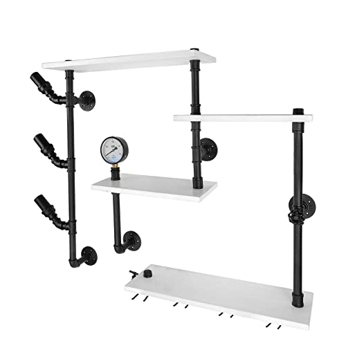 Rocomoco Wall Bar Shelves Industrial Pipe Shelving with 4 Stem Glass Holder, 4-Tiers Wine Rack Wall Mounted 42 Inch Rustic Floating Bar Shelves Wine Shelf Hanging Wood Shelves Glass Rack for Room