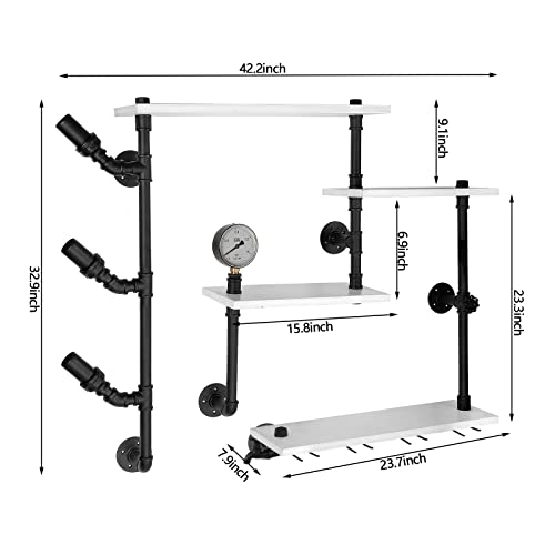 Rocomoco Wall Bar Shelves Industrial Pipe Shelving with 4 Stem Glass Holder, 4-Tiers Wine Rack Wall Mounted 42 Inch Rustic Floating Bar Shelves Wine Shelf Hanging Wood Shelves Glass Rack for Room