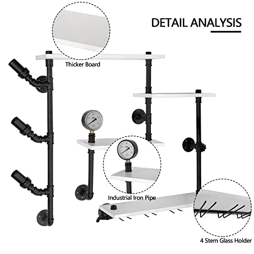 Rocomoco Wall Bar Shelves Industrial Pipe Shelving with 4 Stem Glass Holder, 4-Tiers Wine Rack Wall Mounted 42 Inch Rustic Floating Bar Shelves Wine Shelf Hanging Wood Shelves Glass Rack for Room