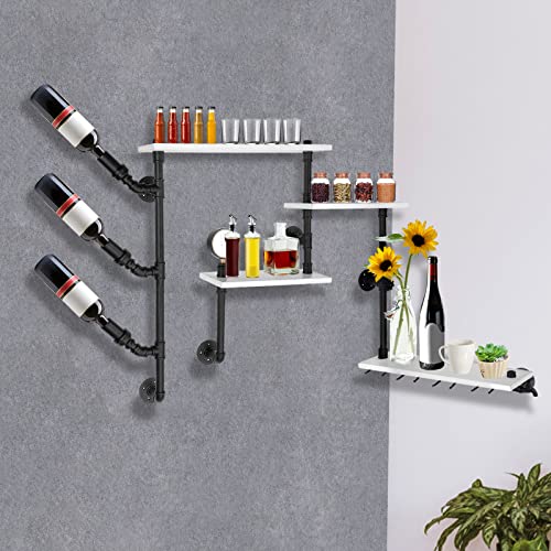 Rocomoco Wall Bar Shelves Industrial Pipe Shelving with 4 Stem Glass Holder, 4-Tiers Wine Rack Wall Mounted 42 Inch Rustic Floating Bar Shelves Wine Shelf Hanging Wood Shelves Glass Rack for Room