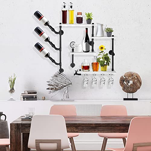 Rocomoco Wall Bar Shelves Industrial Pipe Shelving with 4 Stem Glass Holder, 4-Tiers Wine Rack Wall Mounted 42 Inch Rustic Floating Bar Shelves Wine Shelf Hanging Wood Shelves Glass Rack for Room