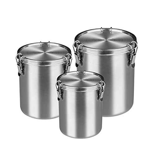 Tanjiae Compact Stainless Steel 100% Airtight Canisters Sets for Small Kitchens | Metal Food Storage Containers with Lids Sealed - Keep Flour, Sugar, Coffee, Tea Fresh for Months (18+35+56 fl oz)