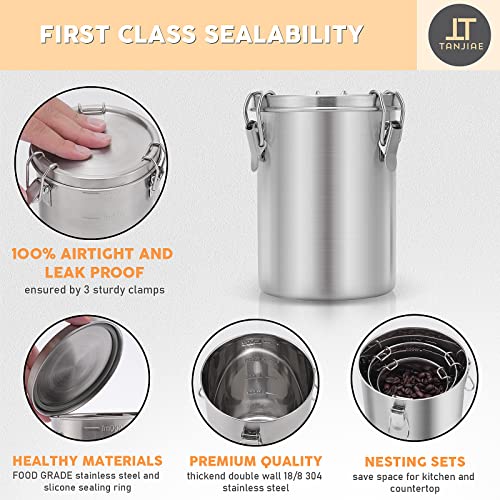 Tanjiae Compact Stainless Steel 100% Airtight Canisters Sets for Small Kitchens | Metal Food Storage Containers with Lids Sealed - Keep Flour, Sugar, Coffee, Tea Fresh for Months (18+35+56 fl oz)
