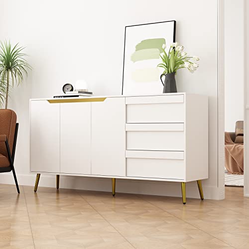 ECACAD Modern Sideboard Buffet Storage Cabinet with 3 Drawers & 3 Doors, Kitchen Cupboard Console Cabinet with Metal Legs for Living Room, Entryway, White (63”L x 15.6”W x 33.4”H)