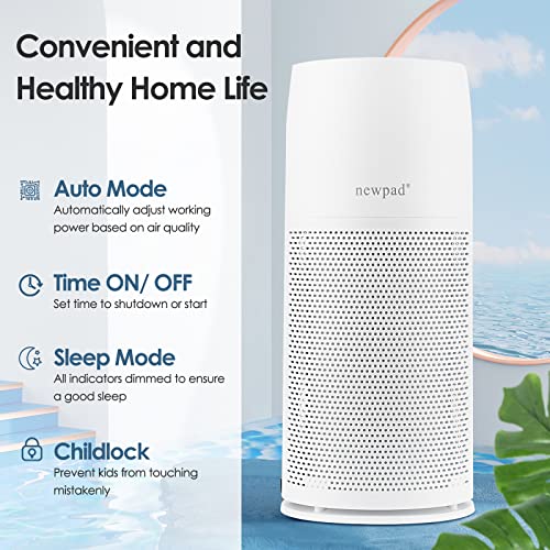 Air Purifiers for Home Large Room, NEWPAD HEPA Quiet Air Purifiers for Bedroom, Air Cleaner with Active Carbon for Pets' Dander, Dust, Smoke, Odors, Auto Mode, Child Lock,Timer, Night Light, White