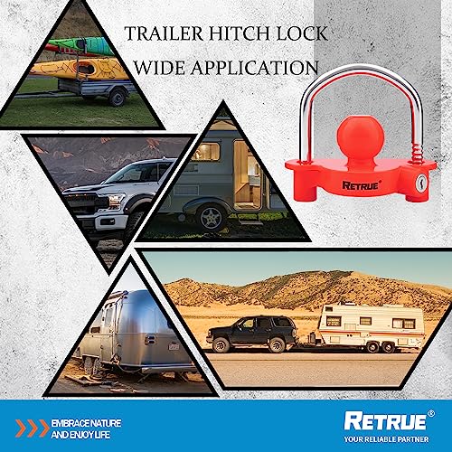 RETRUE Universal Coupler Lock Trailer Locks Ball Hitch Trailer Hitch Lock Adjustable Security Heavy-Duty Steel Fits 1-7/8 Inch, 2 Inch, 2-5/16 Inch Couplers Red