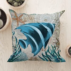 French Retro Ocean Animal Teal Blue Fish Throw Pillow Cushion with Zippe Nautical Sofa Pillow Blue Sea Turtle Rustic Pillow Sham for Living Room Bedroom White Linen 22x22in Housewarming Gift