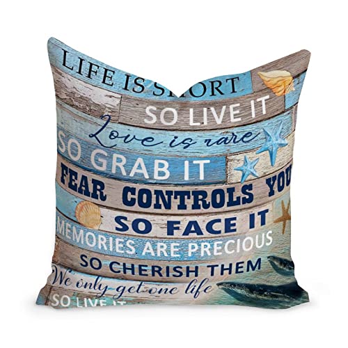 Beach House Throw Pillow Cushion Beach Theme Ocean White Linen Pillow Covers Coral Nursery Decor Modern Toss Pillows with Zippe for Sofa Living Room 18x18in Home Decoration Pillow Birthday Gift