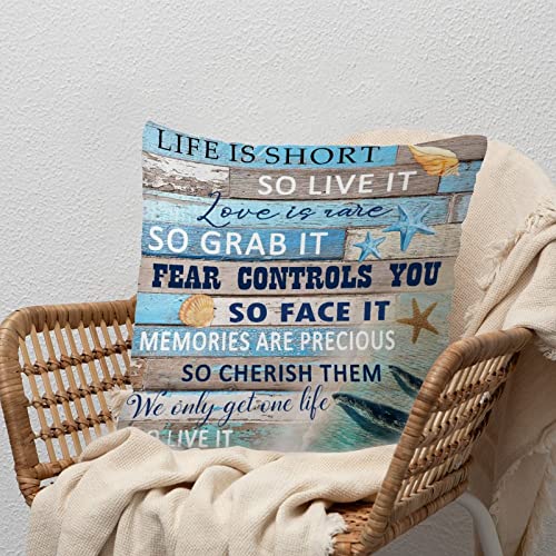 Beach House Throw Pillow Cushion Beach Theme Ocean White Linen Pillow Covers Coral Nursery Decor Modern Toss Pillows with Zippe for Sofa Living Room 18x18in Home Decoration Pillow Birthday Gift