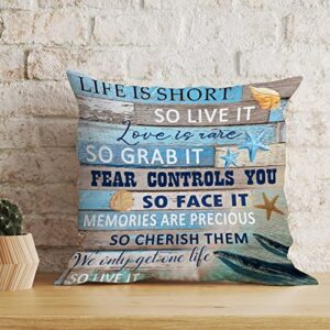 Beach House Throw Pillow Cushion Beach Theme Ocean White Linen Pillow Covers Coral Nursery Decor Modern Toss Pillows with Zippe for Sofa Living Room 18x18in Home Decoration Pillow Birthday Gift