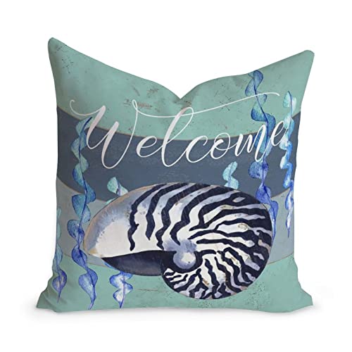 Nautical Throw Pillow Cushion Sea Snail Coastal Ocean Welcome White Linen Sofa Pillow Sailboat Home Decorative Pillowcase with Zippe for Living Room Bedroom 24x24in Birthday Housewarming Gift