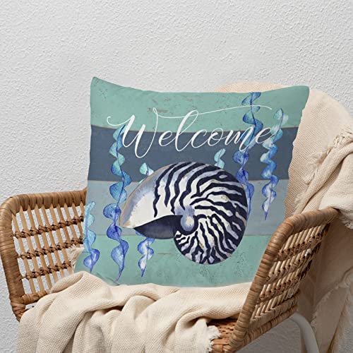 Nautical Throw Pillow Cushion Sea Snail Coastal Ocean Welcome White Linen Sofa Pillow Sailboat Home Decorative Pillowcase with Zippe for Living Room Bedroom 24x24in Birthday Housewarming Gift