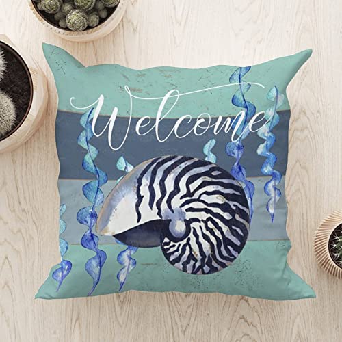 Nautical Throw Pillow Cushion Sea Snail Coastal Ocean Welcome White Linen Sofa Pillow Sailboat Home Decorative Pillowcase with Zippe for Living Room Bedroom 24x24in Birthday Housewarming Gift