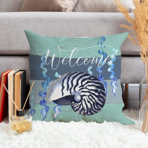 Nautical Throw Pillow Cushion Sea Snail Coastal Ocean Welcome White Linen Sofa Pillow Sailboat Home Decorative Pillowcase with Zippe for Living Room Bedroom 24x24in Birthday Housewarming Gift