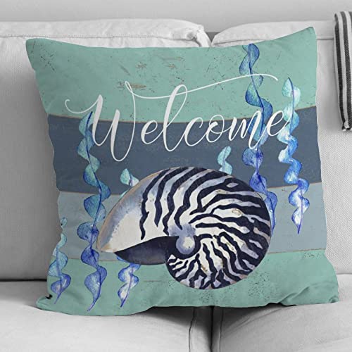 Nautical Throw Pillow Cushion Sea Snail Coastal Ocean Welcome White Linen Sofa Pillow Sailboat Home Decorative Pillowcase with Zippe for Living Room Bedroom 24x24in Birthday Housewarming Gift