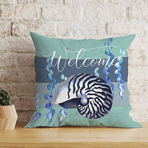 Nautical Throw Pillow Cushion Sea Snail Coastal Ocean Welcome White Linen Sofa Pillow Sailboat Home Decorative Pillowcase with Zippe for Living Room Bedroom 24x24in Birthday Housewarming Gift