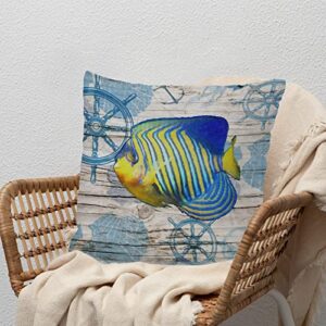 Vintage Beach Sea Life Stripes Fish Throw Pillow Cushion with Zippe Nautical Beach Throw Pillows Crab Vintage Pillowcase for Office Car Chair Sofa White Linen 24x24in Birthday Housewarming Gift