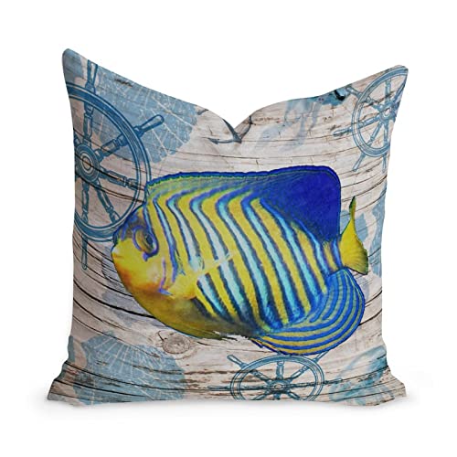 Vintage Beach Sea Life Stripes Fish Throw Pillow Cushion with Zippe Nautical Beach Throw Pillows Crab Vintage Pillowcase for Office Car Chair Sofa White Linen 24x24in Birthday Housewarming Gift