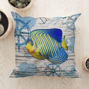 Vintage Beach Sea Life Stripes Fish Throw Pillow Cushion with Zippe Nautical Beach Throw Pillows Crab Vintage Pillowcase for Office Car Chair Sofa White Linen 24x24in Birthday Housewarming Gift