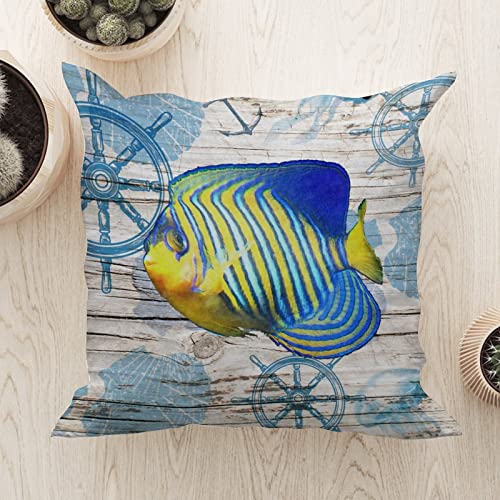 Vintage Beach Sea Life Stripes Fish Throw Pillow Cushion with Zippe Nautical Beach Throw Pillows Crab Vintage Pillowcase for Office Car Chair Sofa White Linen 24x24in Birthday Housewarming Gift