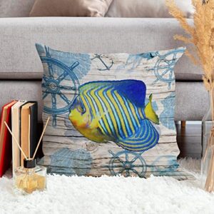 Vintage Beach Sea Life Stripes Fish Throw Pillow Cushion with Zippe Nautical Beach Throw Pillows Crab Vintage Pillowcase for Office Car Chair Sofa White Linen 24x24in Birthday Housewarming Gift