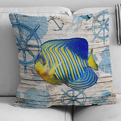 Vintage Beach Sea Life Stripes Fish Throw Pillow Cushion with Zippe Nautical Beach Throw Pillows Crab Vintage Pillowcase for Office Car Chair Sofa White Linen 24x24in Birthday Housewarming Gift