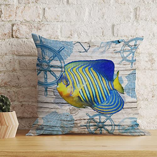 Vintage Beach Sea Life Stripes Fish Throw Pillow Cushion with Zippe Nautical Beach Throw Pillows Crab Vintage Pillowcase for Office Car Chair Sofa White Linen 24x24in Birthday Housewarming Gift