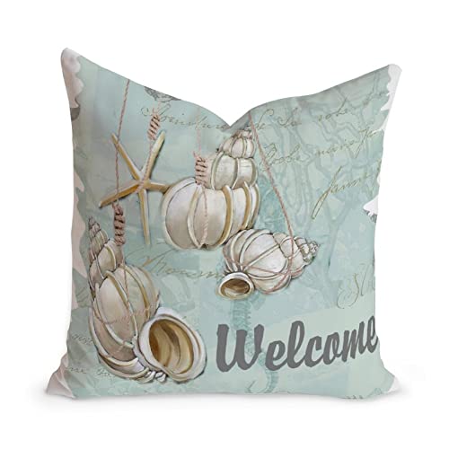 WoGuangis Welcome to Our Beach House Starfish Throw Pillow Cushion with Zippe Beach Home Throw Pillow Starfish Sea Life Home Decorative Throw Pillowcase for Sofa Living Room White Linen 24x24in