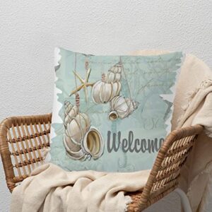 WoGuangis Welcome to Our Beach House Starfish Throw Pillow Cushion with Zippe Beach Home Throw Pillow Starfish Sea Life Home Decorative Throw Pillowcase for Sofa Living Room White Linen 24x24in