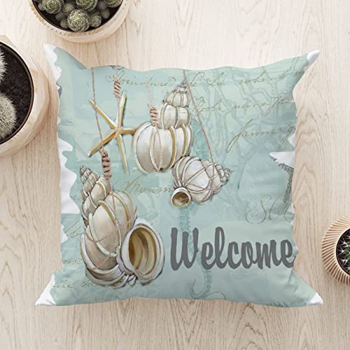 WoGuangis Welcome to Our Beach House Starfish Throw Pillow Cushion with Zippe Beach Home Throw Pillow Starfish Sea Life Home Decorative Throw Pillowcase for Sofa Living Room White Linen 24x24in