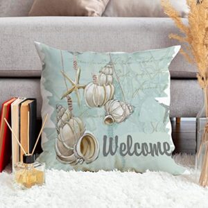 WoGuangis Welcome to Our Beach House Starfish Throw Pillow Cushion with Zippe Beach Home Throw Pillow Starfish Sea Life Home Decorative Throw Pillowcase for Sofa Living Room White Linen 24x24in