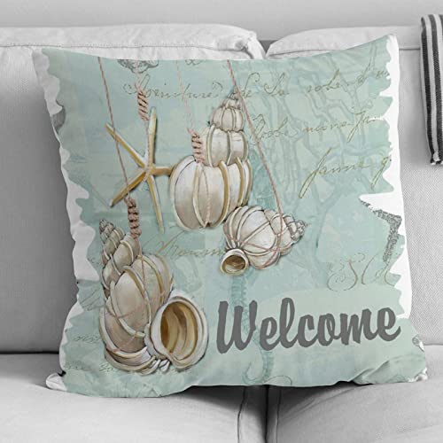 WoGuangis Welcome to Our Beach House Starfish Throw Pillow Cushion with Zippe Beach Home Throw Pillow Starfish Sea Life Home Decorative Throw Pillowcase for Sofa Living Room White Linen 24x24in