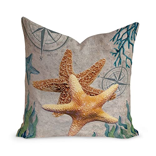 Vintage Beach Sea Life Starfish Throw Pillow Cushion with Zippe Nautical Sofa Pillows Sea Turtle Sea Life Farmhouse Throw Pillow Case for Sofa Living Room White Linen 22x22in Housewarming Gift