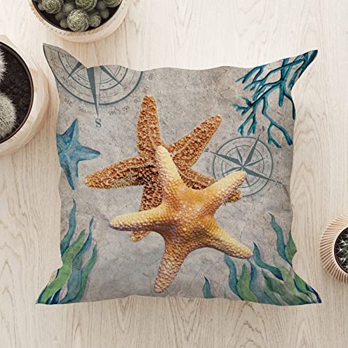 Vintage Beach Sea Life Starfish Throw Pillow Cushion with Zippe Nautical Sofa Pillows Sea Turtle Sea Life Farmhouse Throw Pillow Case for Sofa Living Room White Linen 22x22in Housewarming Gift