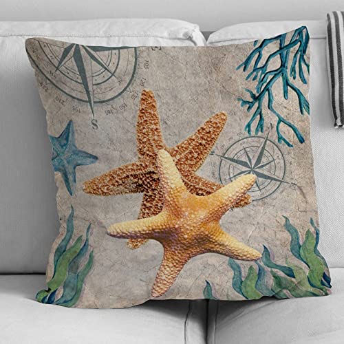 Vintage Beach Sea Life Starfish Throw Pillow Cushion with Zippe Nautical Sofa Pillows Sea Turtle Sea Life Farmhouse Throw Pillow Case for Sofa Living Room White Linen 22x22in Housewarming Gift