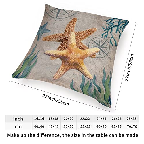 Vintage Beach Sea Life Starfish Throw Pillow Cushion with Zippe Nautical Sofa Pillows Sea Turtle Sea Life Farmhouse Throw Pillow Case for Sofa Living Room White Linen 22x22in Housewarming Gift