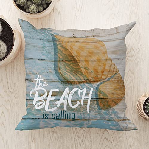 WoGuangis The Beach is Calling Shell Throw Pillow Cushion with Zippe Ocean Decor Throw Pillows Conch Rustic Pillow Sham for Bedroom Sofa Couch White Linen 16x16in Farmhouse Home Pillow Birthday Gift