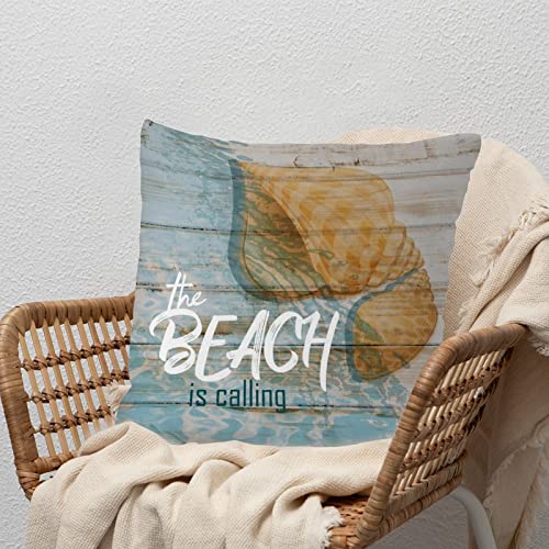 WoGuangis The Beach is Calling Shell Throw Pillow Cushion with Zippe Ocean Decor Throw Pillows Conch Rustic Pillow Sham for Bedroom Sofa Couch White Linen 16x16in Farmhouse Home Pillow Birthday Gift