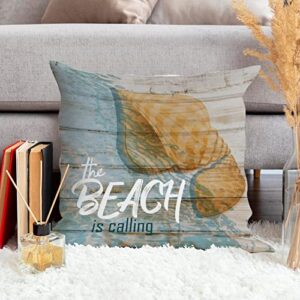 WoGuangis The Beach is Calling Shell Throw Pillow Cushion with Zippe Ocean Decor Throw Pillows Conch Rustic Pillow Sham for Bedroom Sofa Couch White Linen 16x16in Farmhouse Home Pillow Birthday Gift