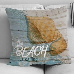 WoGuangis The Beach is Calling Shell Throw Pillow Cushion with Zippe Ocean Decor Throw Pillows Conch Rustic Pillow Sham for Bedroom Sofa Couch White Linen 16x16in Farmhouse Home Pillow Birthday Gift