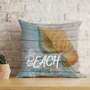 WoGuangis The Beach is Calling Shell Throw Pillow Cushion with Zippe Ocean Decor Throw Pillows Conch Rustic Pillow Sham for Bedroom Sofa Couch White Linen 16x16in Farmhouse Home Pillow Birthday Gift