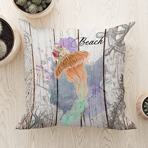 WoGuangis Ocean Theme Throw Pillow Cushion Watercolor Vintage Beach Sea Life White Linen Throw Pillow Octopus Nursery Decor Modern Throw Pillow Case with Zippe for Office Car Chair Sofa 18x18in