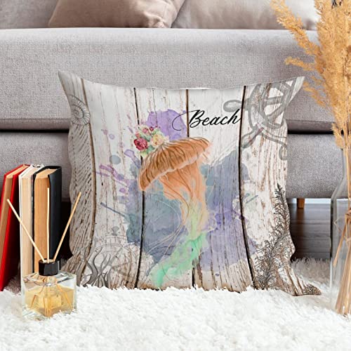 WoGuangis Ocean Theme Throw Pillow Cushion Watercolor Vintage Beach Sea Life White Linen Throw Pillow Octopus Nursery Decor Modern Throw Pillow Case with Zippe for Office Car Chair Sofa 18x18in