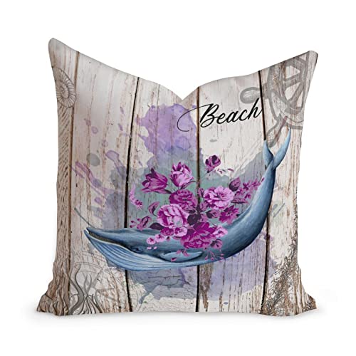 Watercolor Purple Flower Whale Throw Pillow Cushion with Zippe Ocean Decor Sofa Pillow Dolphin Vintage Pillow Sham for Living Room Bedroom White Linen 16x16in Home Decoration Pillow Birthday Gift