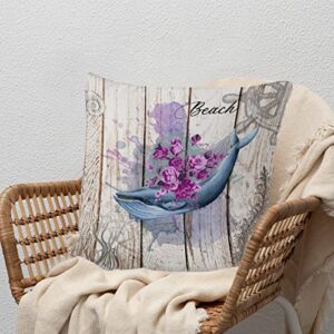 Watercolor Purple Flower Whale Throw Pillow Cushion with Zippe Ocean Decor Sofa Pillow Dolphin Vintage Pillow Sham for Living Room Bedroom White Linen 16x16in Home Decoration Pillow Birthday Gift